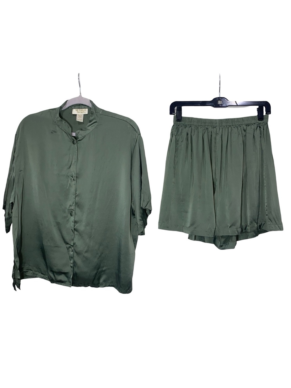 Silky Olive Green Two-Piece Set - Button Front Top + Elastic Waist Shorts